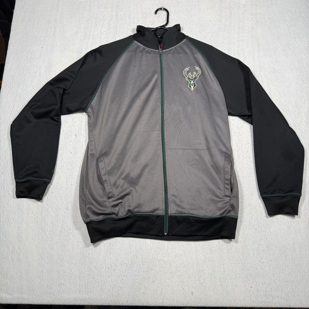 Majestic Milwaukee Bucks NBA Track Jacket Mens Gray Black Full Zip Large